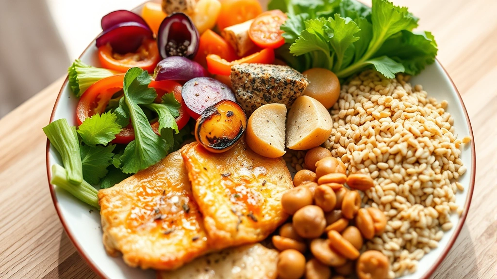 Colorful plate with balanced nutritious foods including vegetables, lean protein, whole grains, natural lighting, healthy meal composition
