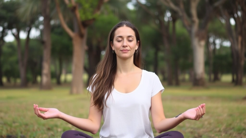 Woman meditating outdoors with trees and natural landscape, peaceful expression, mindfulness practice, mental wellness focus