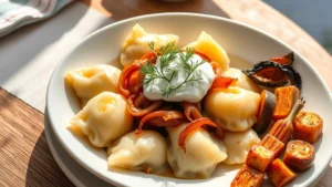A steaming bowl of boiled pierogies topped with fresh dill, caramelized onions, and a dollop of Greek yogurt, arranged on a white plate with roasted vegetables alongside, natural daylight streaming across the table, warm and inviting food photography