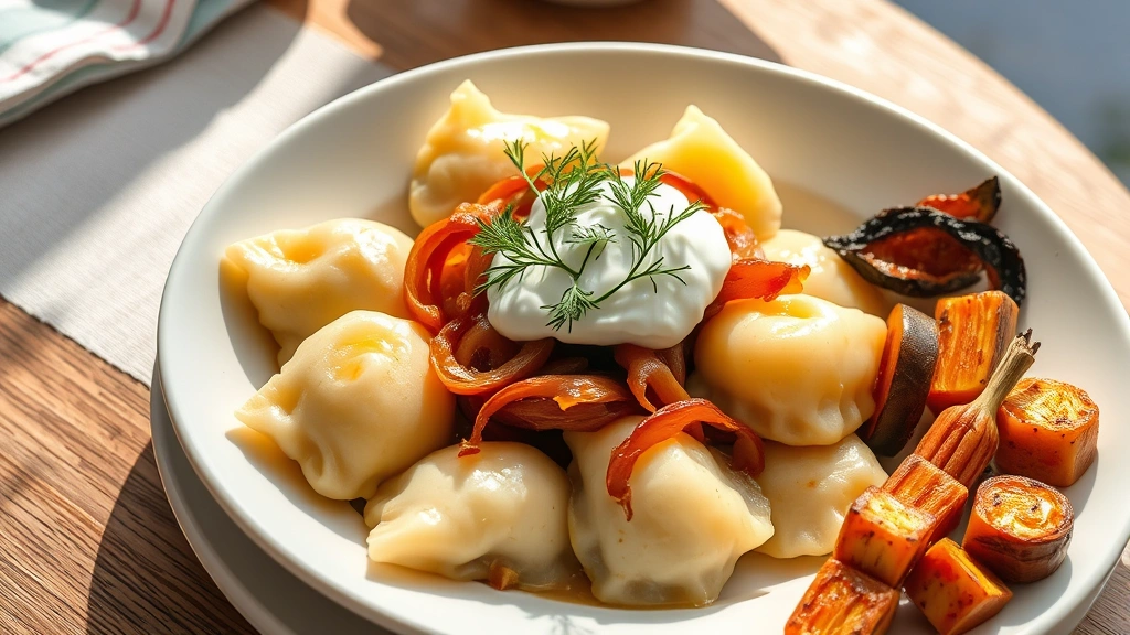 A steaming bowl of boiled pierogies topped with fresh dill, caramelized onions, and a dollop of Greek yogurt, arranged on a white plate with roasted vegetables alongside, natural daylight streaming across the table, warm and inviting food photography
