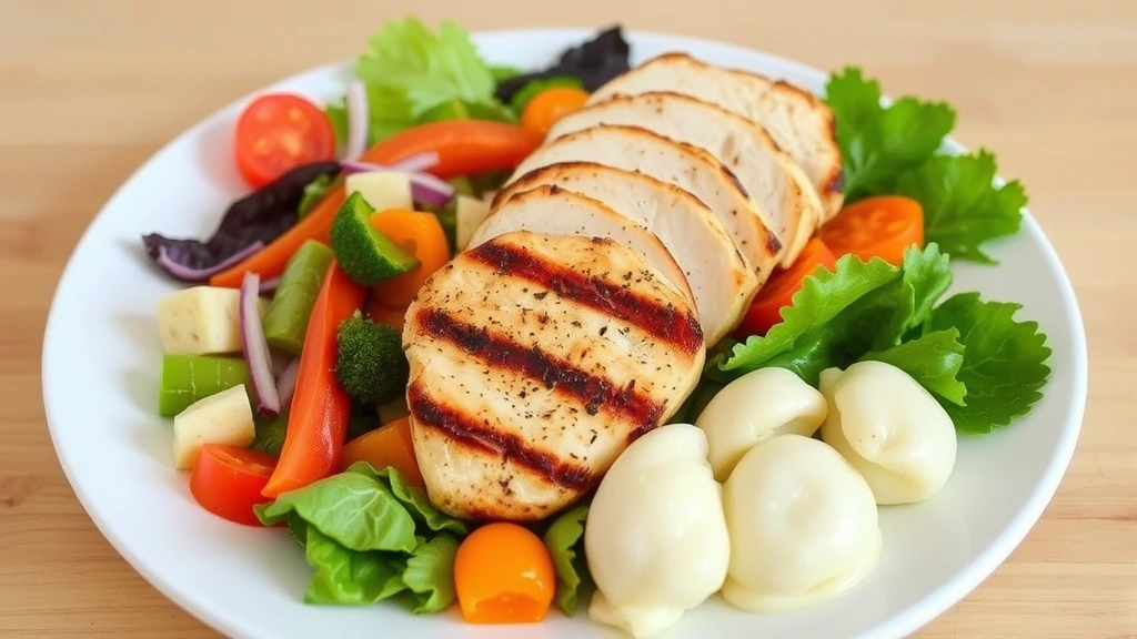 A colorful mixed salad with grilled chicken breast, fresh vegetables, and a side of boiled pierogies on a clean white plate, showcasing balanced meal composition with vegetables, protein, and carbohydrates in proper portions, bright and appetizing presentation
