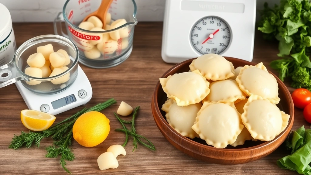 A nutritionist's desk with measuring cups, a food scale, and boiled pierogies being portioned, alongside fresh herbs, lemon, and vegetables, representing healthy meal planning and portion control strategies for weight loss