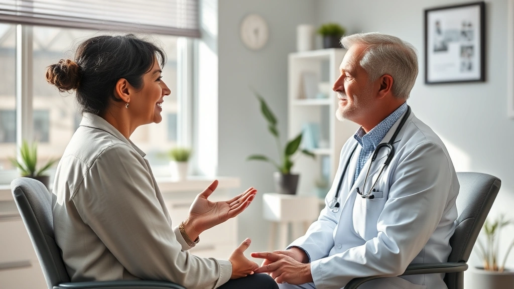Person in bright clinical office consulting with healthcare provider about medication effects, professional and supportive atmosphere, natural lighting, diverse representation
