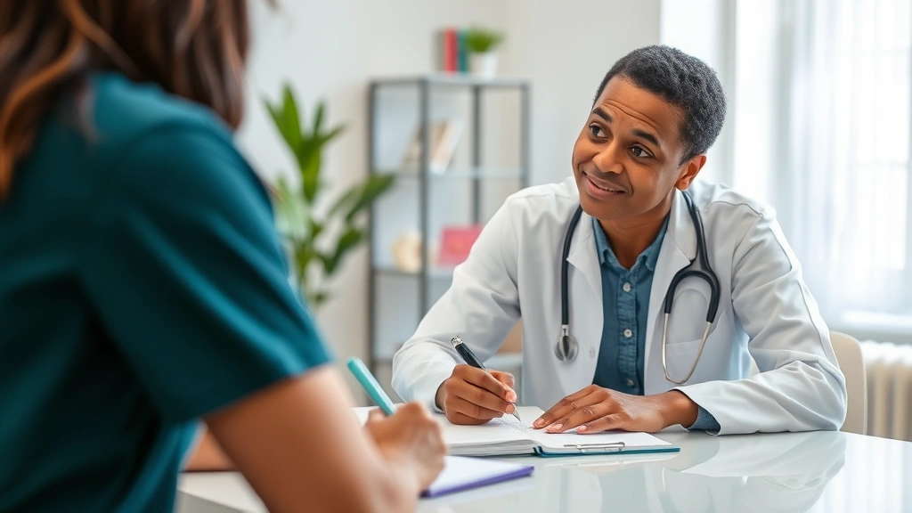 Diverse healthcare professional writing notes during patient consultation about antidepressant medication management and health outcomes