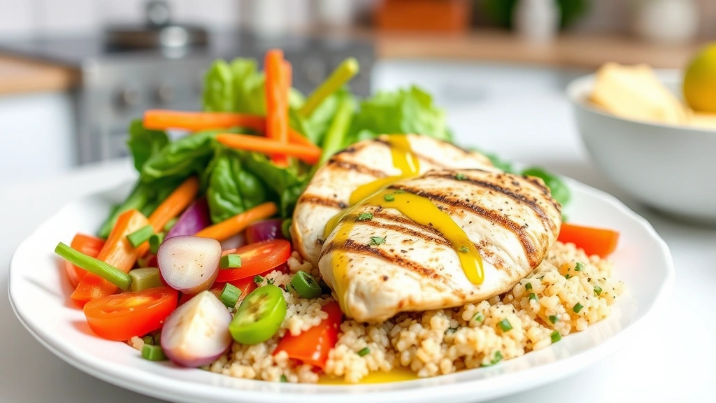 Colorful balanced plate with fresh vegetables, lean grilled chicken breast, quinoa, and olive oil drizzle, bright kitchen setting, appetizing and nutritious