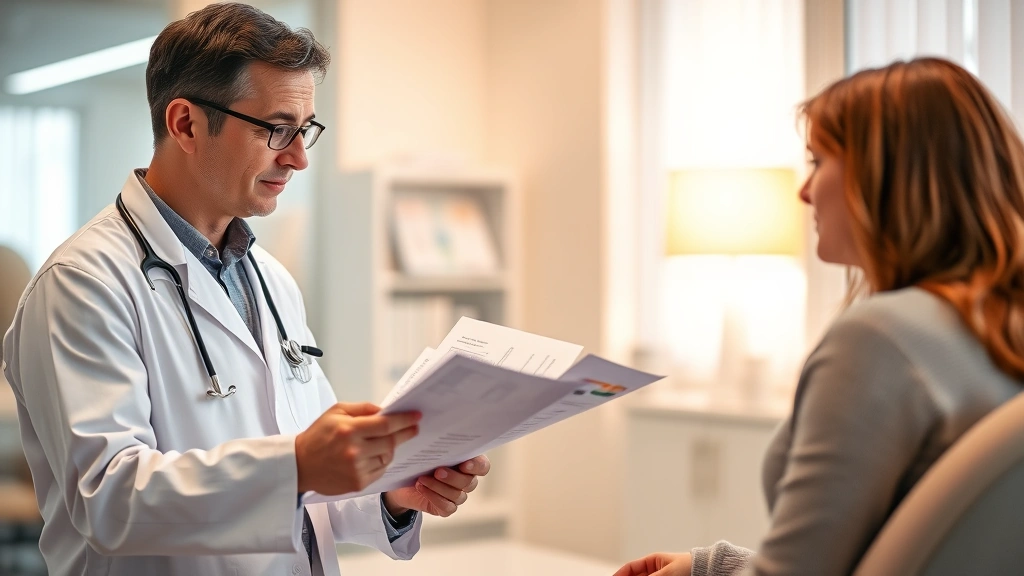 Doctor in white coat reviewing medical charts with patient in clinic office, professional healthcare consultation, warm lighting, serious discussion about medications