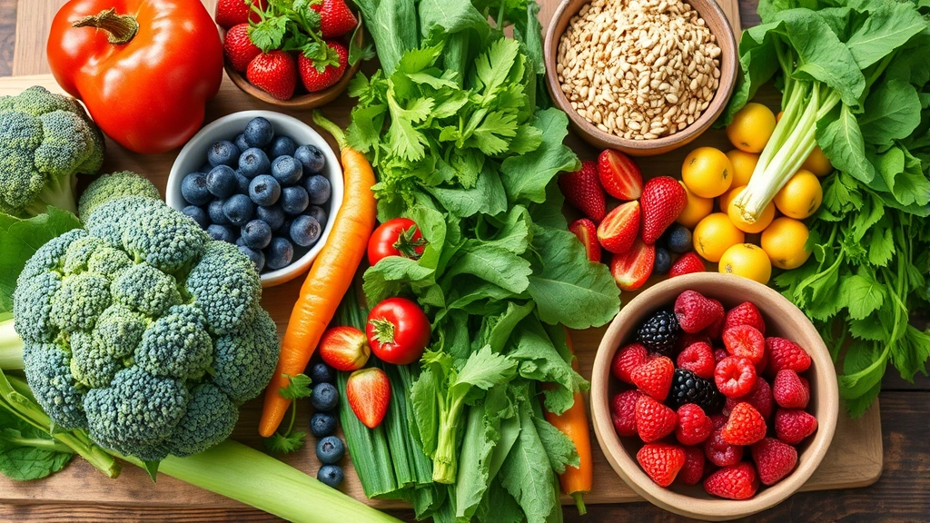 Colorful fresh vegetables and fruits on wooden table including broccoli, berries, leafy greens, whole grains in bowls, bright natural daylight, healthy eating lifestyle