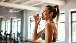 Woman in bright fitness studio taking a satisfied sip of water during workout break, natural daylight streaming through windows, healthy glow, athletic wear, genuine smile, motivational environment