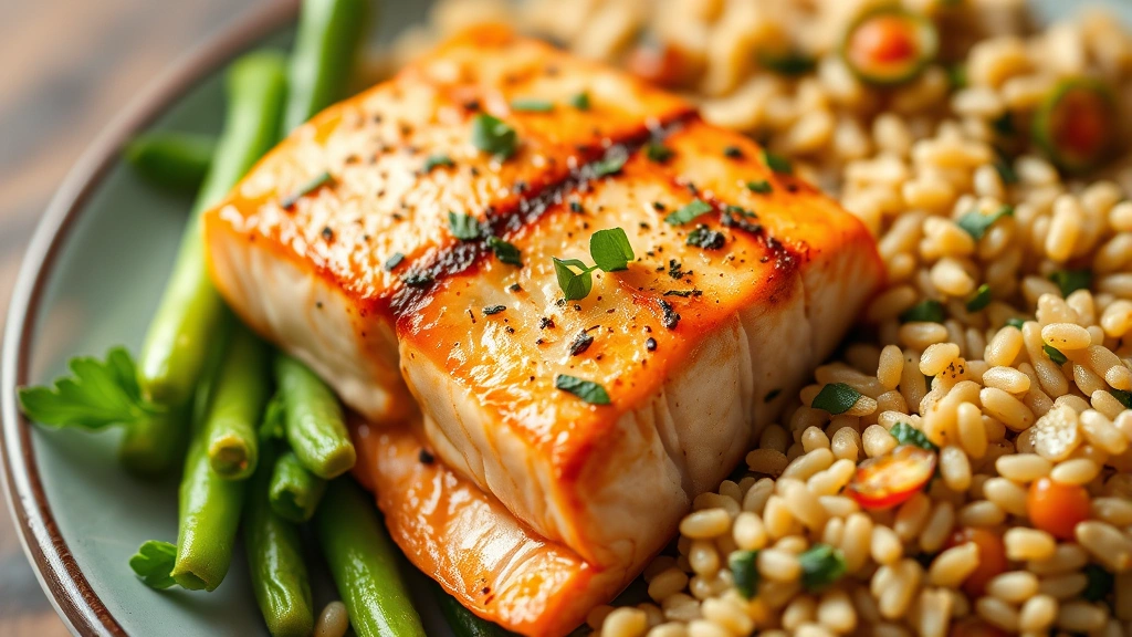 Close-up of colorful balanced meal plate with grilled salmon, fresh green vegetables, brown rice, and herbs, professional food photography, natural lighting, appetizing presentation