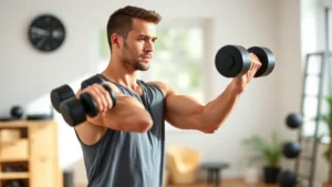 A fit adult in casual workout clothes performing a resistance training exercise with dumbbells in a bright home gym setting, demonstrating proper form and strength training commitment