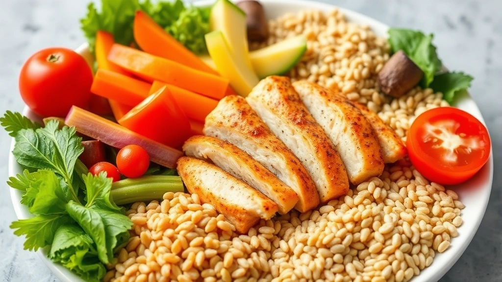 A colorful plate of fresh vegetables, lean protein, and whole grains arranged appetizingly, representing balanced nutrition and healthy eating without restriction