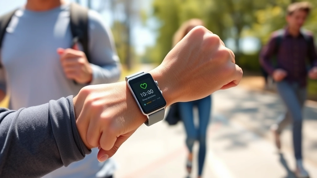 A person checking their fitness watch while walking outdoors in natural daylight, showing daily activity tracking and progressive health improvement in a realistic lifestyle context