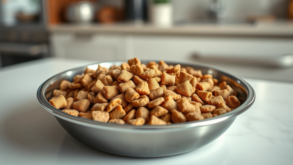 Close-up of high-protein cat food in a stainless steel bowl on a light kitchen counter, showing kibble texture and quality ingredients, soft natural lighting, photorealistic