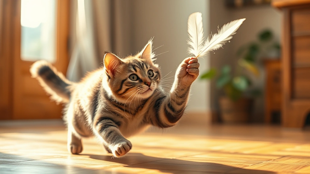 Adult cat playing with feather wand toy indoors, mid-pounce with engaged expression, sunlit room with warm tones, photorealistic action shot
