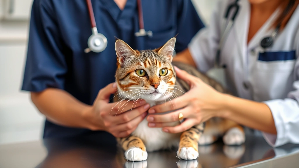 Veterinarian gently examining tabby cat on examination table during wellness check, both cat and vet calm and professional, clinical but warm setting, photorealistic