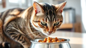 Senior tabby cat eating from a stainless steel bowl with fresh wet food, natural kitchen lighting, healthy and vibrant appearance, focused on the cat's face and meal