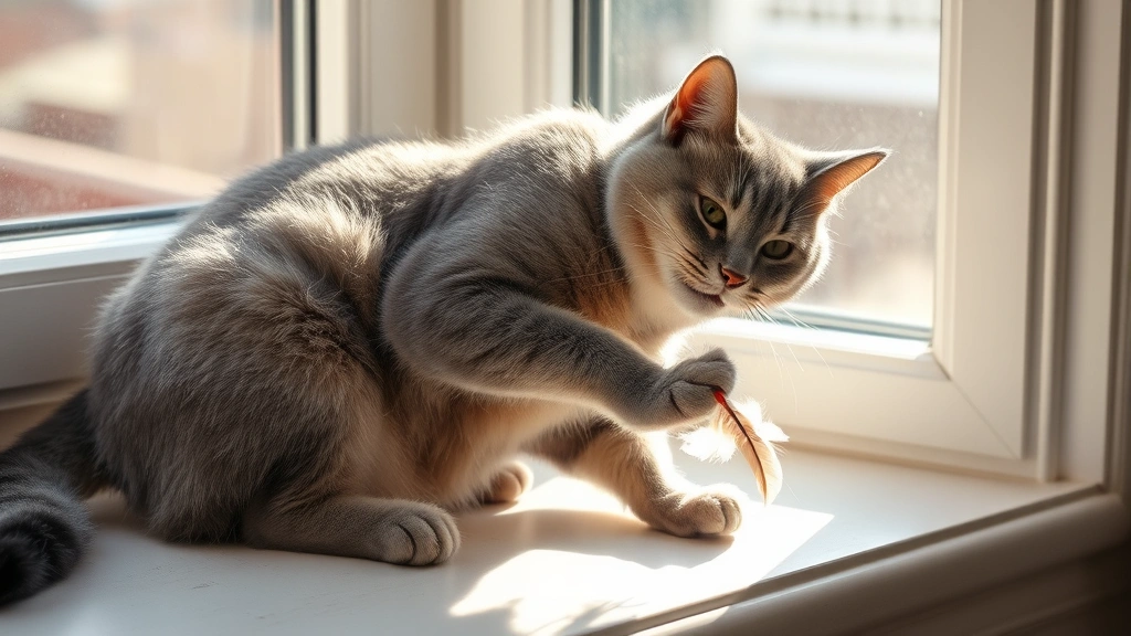 Elderly gray cat playing with a feather toy on a sunny windowsill, active and engaged, warm natural light streaming through window, showing movement and vitality