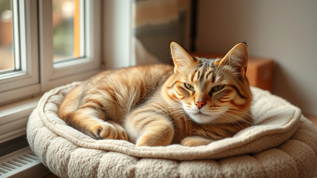 Senior cat resting on a soft heated bed near a window, comfortable and relaxed, peaceful expression, showing good body condition, cozy home environment