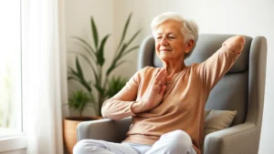 Senior woman performing seated yoga stretch in comfortable chair, peaceful expression, bright natural light from window, calm home environment