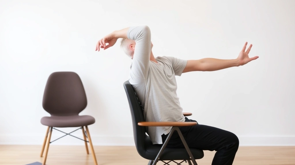 Middle-aged person doing chair yoga twist pose with proper posture, focused concentration, yoga mat visible beneath chair, neutral background