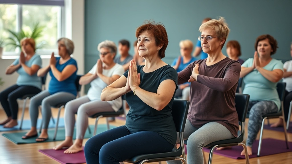 Group of diverse adults in chair yoga class, performing seated forward fold modification, instructor guiding in background, supportive community atmosphere