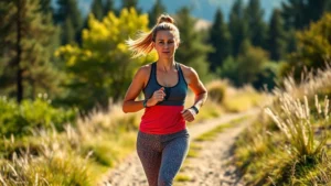 Woman jogging outdoors on a sunny morning trail, athletic wear, determined expression, natural landscape background, morning light
