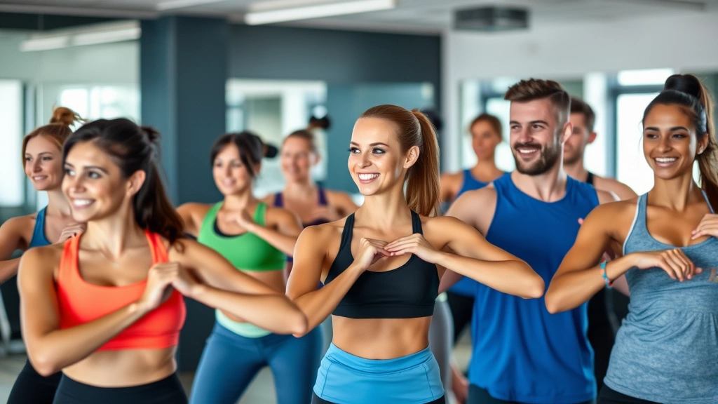 Diverse group of people in a fitness class doing resistance training together, supportive environment, smiling faces, modern gym setting