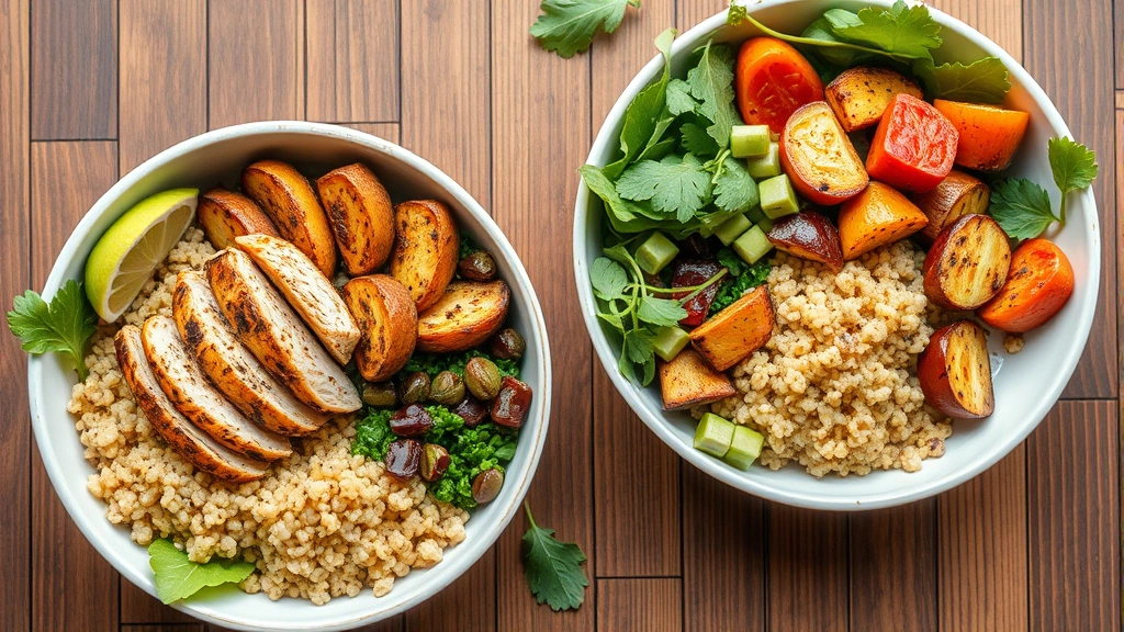 Overhead view of colorful healthy meal prep bowls with grilled chicken, quinoa, roasted vegetables, fresh salad, wooden table