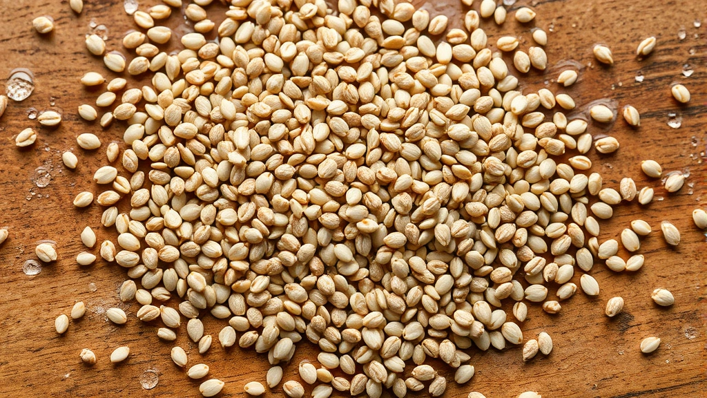 Close-up overhead view of chia seeds scattered on a wooden surface with scattered water droplets, showing texture and hydration properties, natural lighting