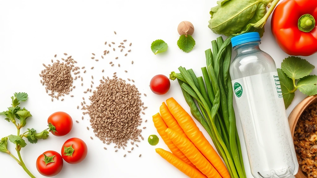 Flat lay composition of chia seeds, fresh vegetables, protein sources, and water bottle arranged on a clean white surface representing balanced nutrition