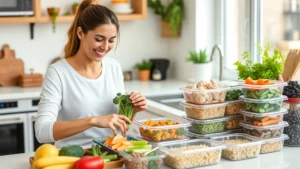 Woman meal prepping fresh vegetables and lean protein in a bright kitchen, smiling while organizing containers with colorful whole foods like broccoli, chicken, and quinoa