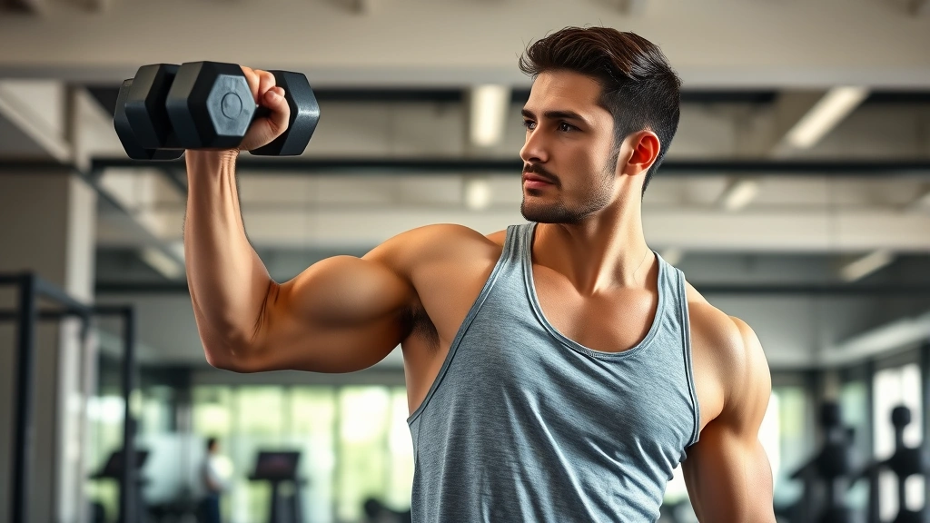 Person performing strength training with dumbbells in a modern gym, focused and confident, with natural lighting highlighting proper form and determination
