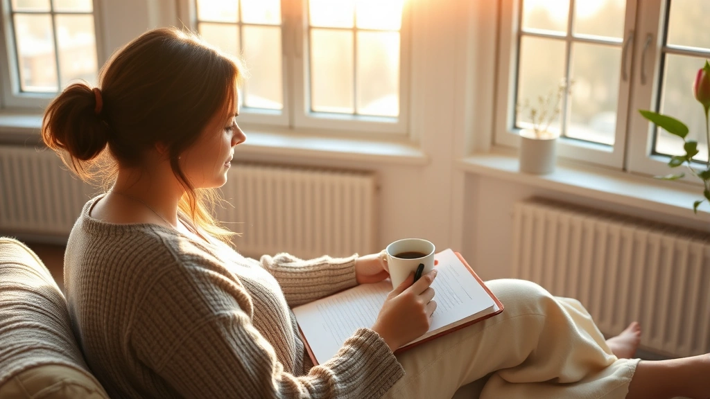 Woman journaling in a peaceful morning setting with coffee, sunlight through windows, showing mindfulness and self-reflection for mental wellness and goal tracking