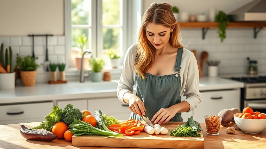 Woman in bright kitchen preparing fresh vegetables and lean proteins on wooden cutting board, natural sunlight streaming through windows, healthy ingredients visible, realistic photographic style