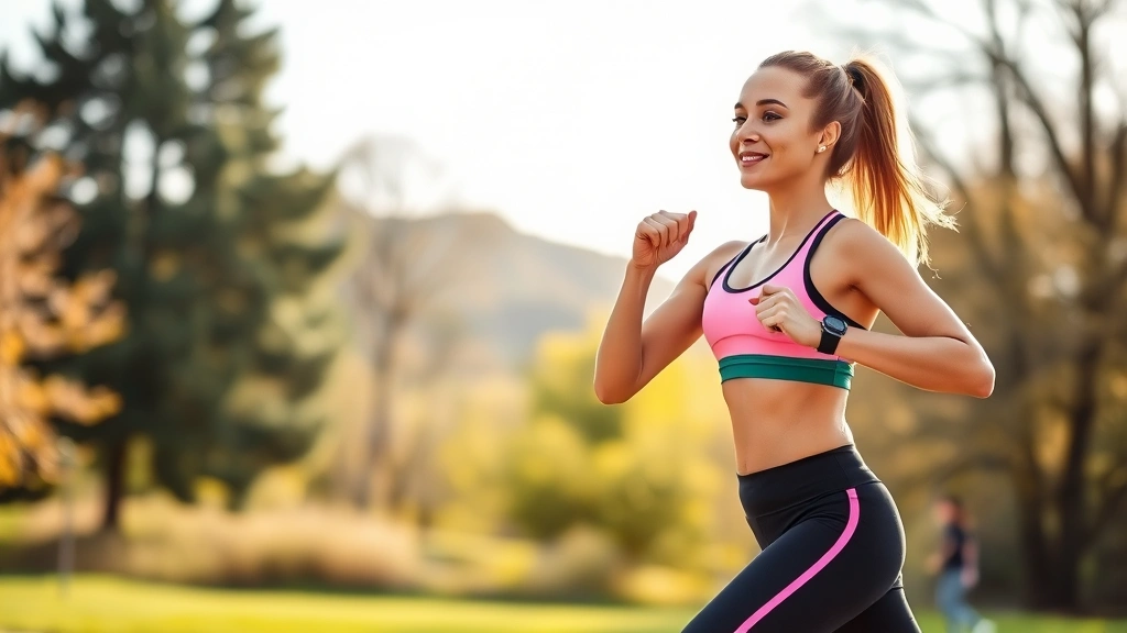 Athletic woman doing cardio exercise outdoors in park, energetic movement, natural landscape background, morning light, fit and confident expression, action shot
