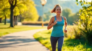 Woman jogging outdoors in morning sunlight on a park path, wearing athletic wear, looking healthy and energetic, natural landscape background