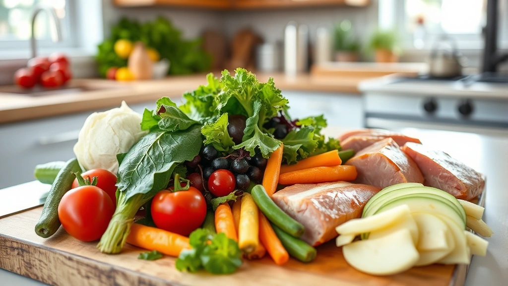 Colorful fresh vegetables and lean proteins arranged on a wooden cutting board, bright kitchen lighting, healthy meal preparation scene