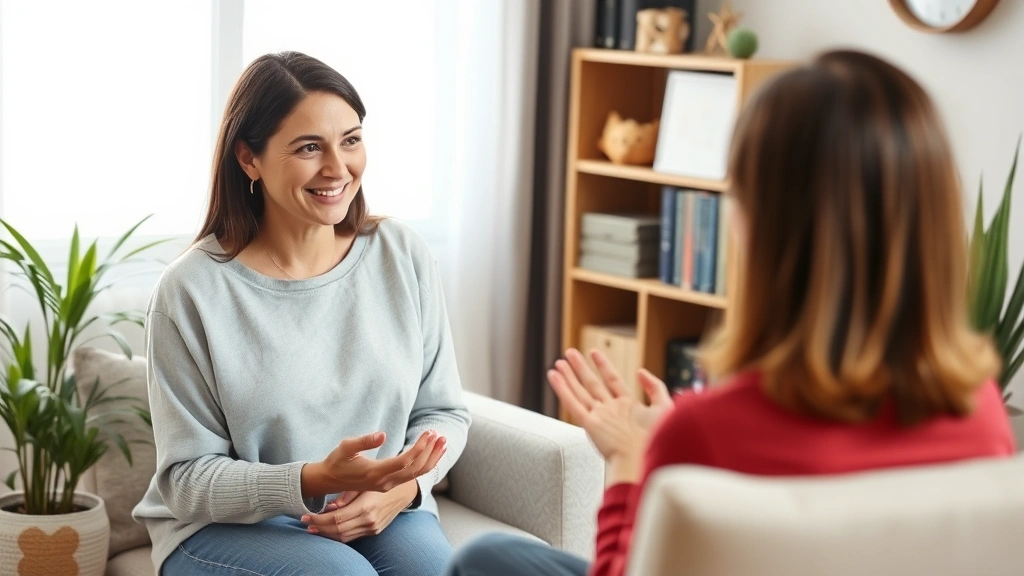 Woman in therapy session with supportive counselor, warm indoor setting, emotional wellness and mental health support visualization