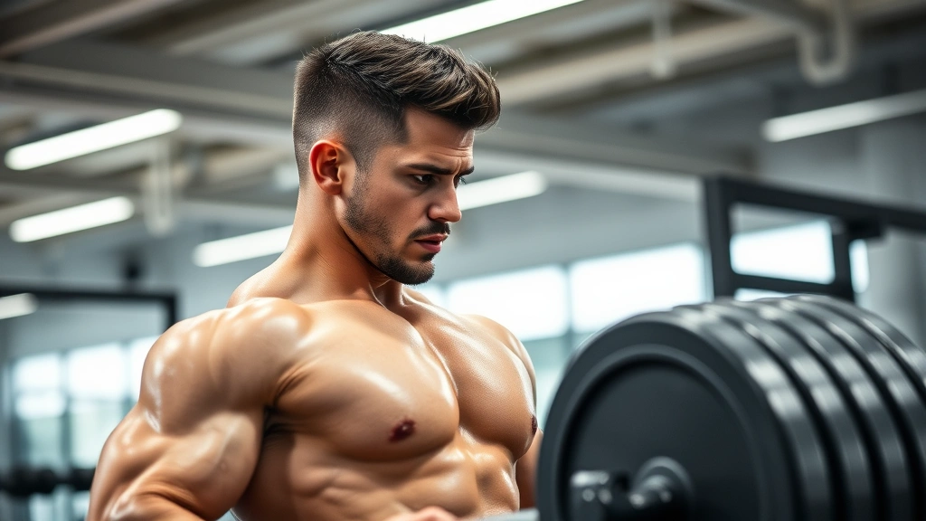 Athletic man in professional gym setting performing heavy deadlift with proper form, intense focused expression, well-lit fitness facility background, muscular physique