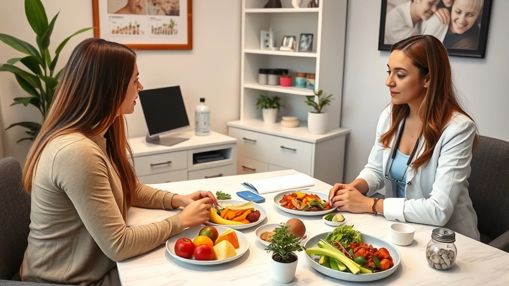 Registered dietitian consultant meeting with client at nutritional consultation, reviewing healthy meal options on table, professional office setting, wellness-focused atmosphere
