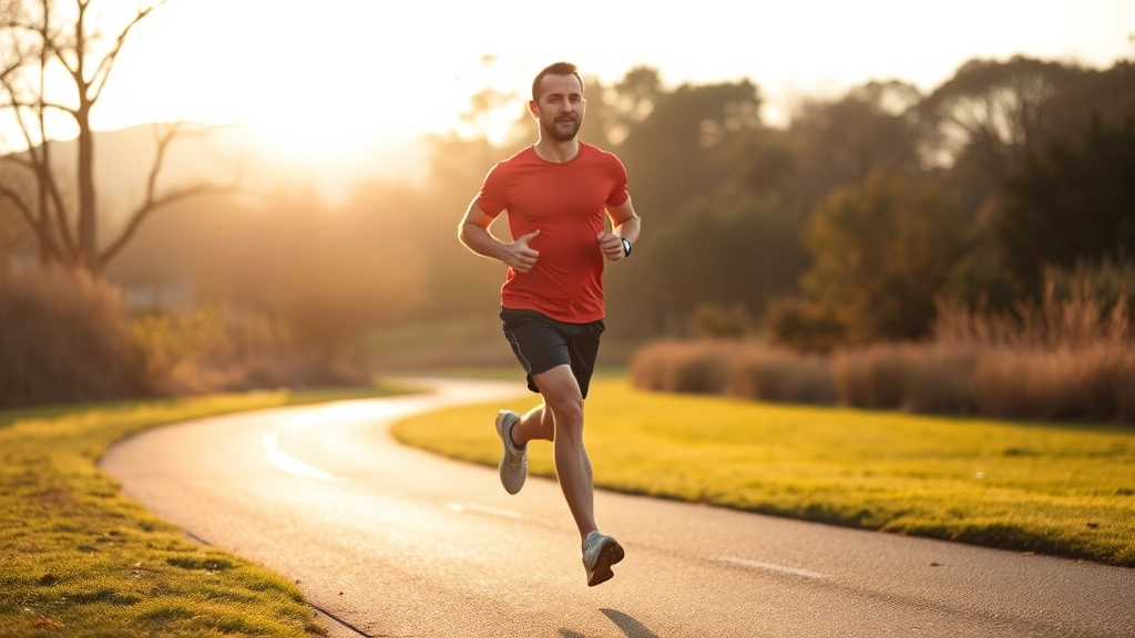 Fit man completing morning jog in scenic outdoor park, sunrise lighting, healthy energetic movement, natural landscape background, athletic wear