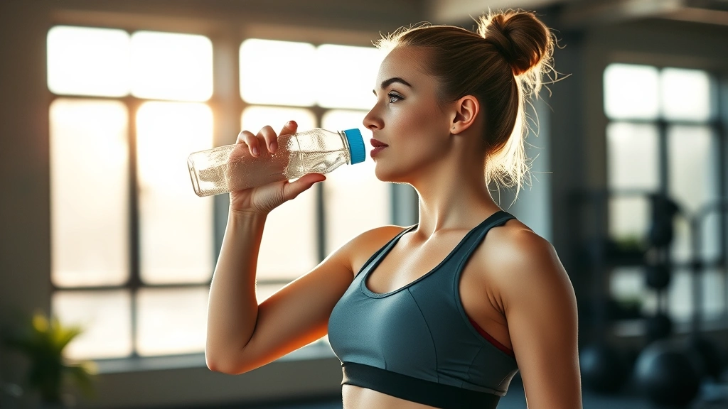 Woman in fitness attire drinking water from a bottle after workout, natural gym setting, healthy glowing skin, athletic posture, morning sunlight through windows