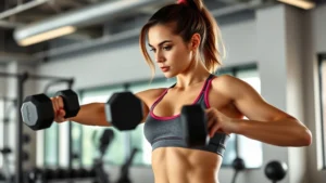 Fit woman in athletic wear performing strength training with dumbbells in modern gym, focused expression, natural lighting, professional fitness environment