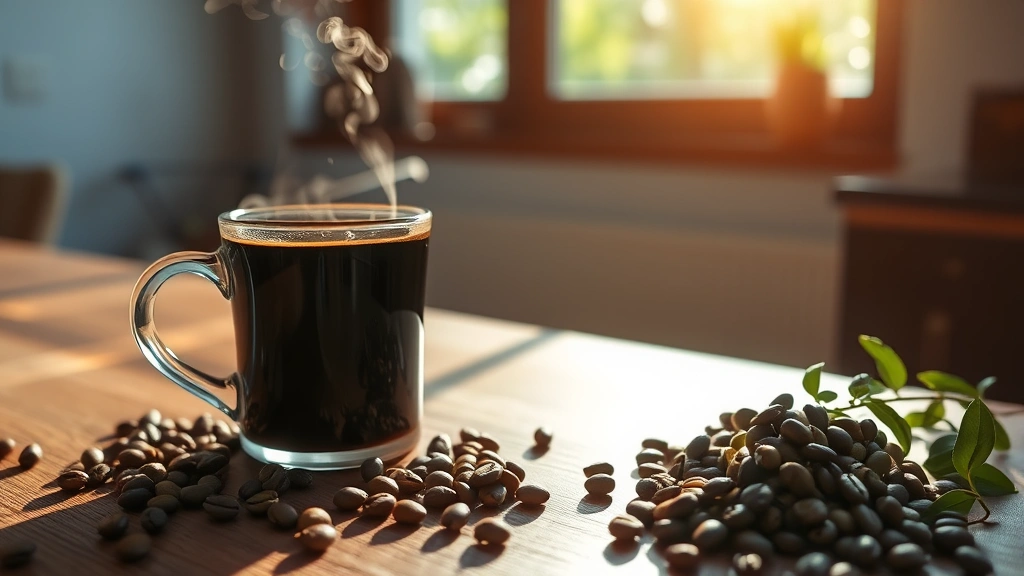 A steaming cup of black coffee on a wooden table next to fresh green coffee beans, morning sunlight streaming through a kitchen window, warm and inviting aesthetic