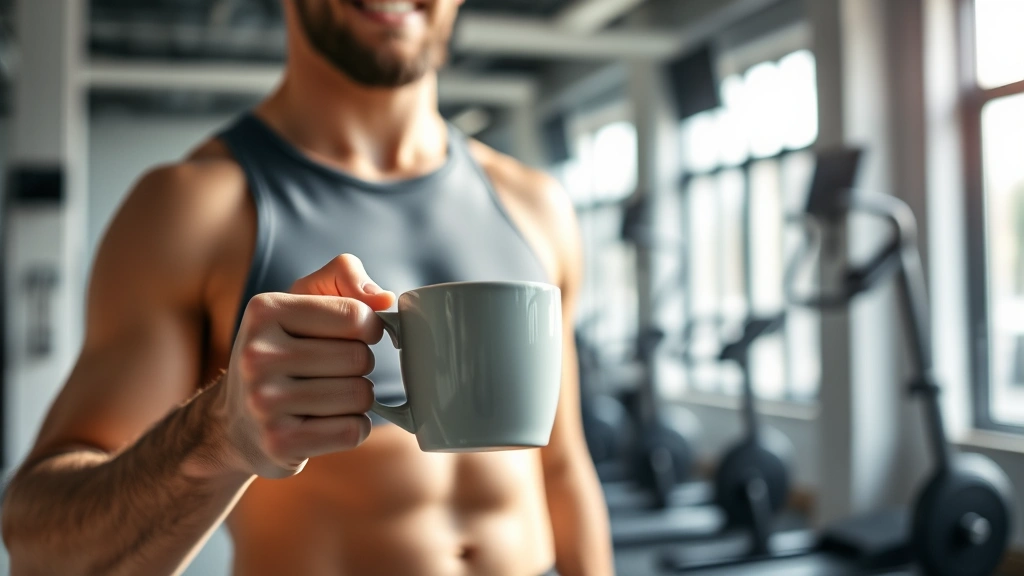 A fit person holding a cup of coffee before a morning workout, bright gym setting with exercise equipment blurred in background, energized and motivated expression