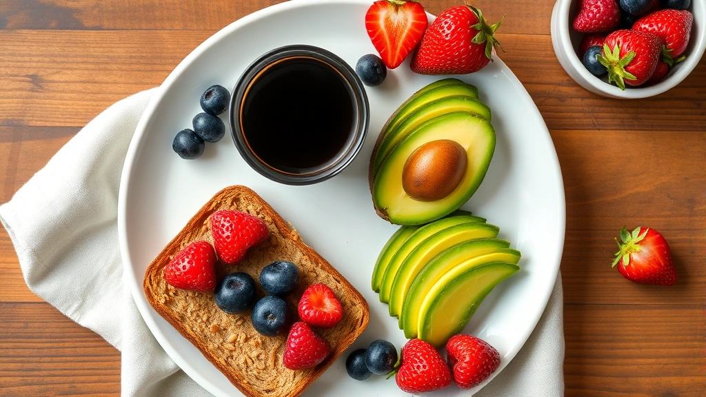An overhead view of a healthy breakfast spread with black coffee, whole grain toast, avocado, and fresh berries on a white plate, clean and nutritious presentation