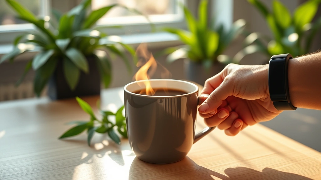 A warm ceramic mug of black coffee on a light wooden table with morning sunlight streaming through, steam rising, surrounded by fresh green plants and a blurred fitness tracker on the wrist of someone holding the cup, photorealistic wellness aesthetic