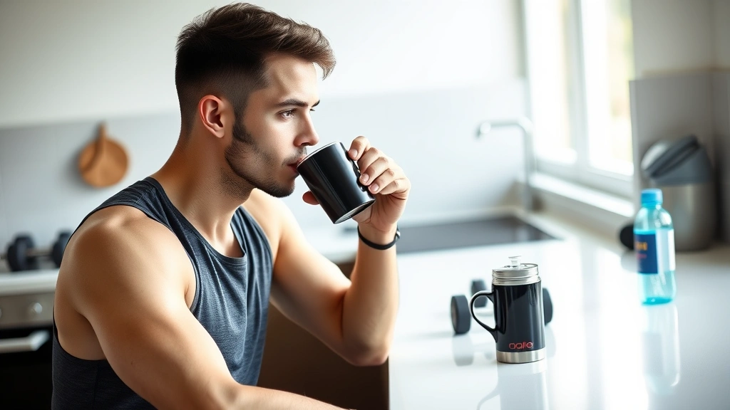 A fit person in athletic wear drinking black coffee at a bright kitchen counter before a workout, with dumbbells and a water bottle visible in the background, natural morning light, healthy lifestyle atmosphere, no text visible
