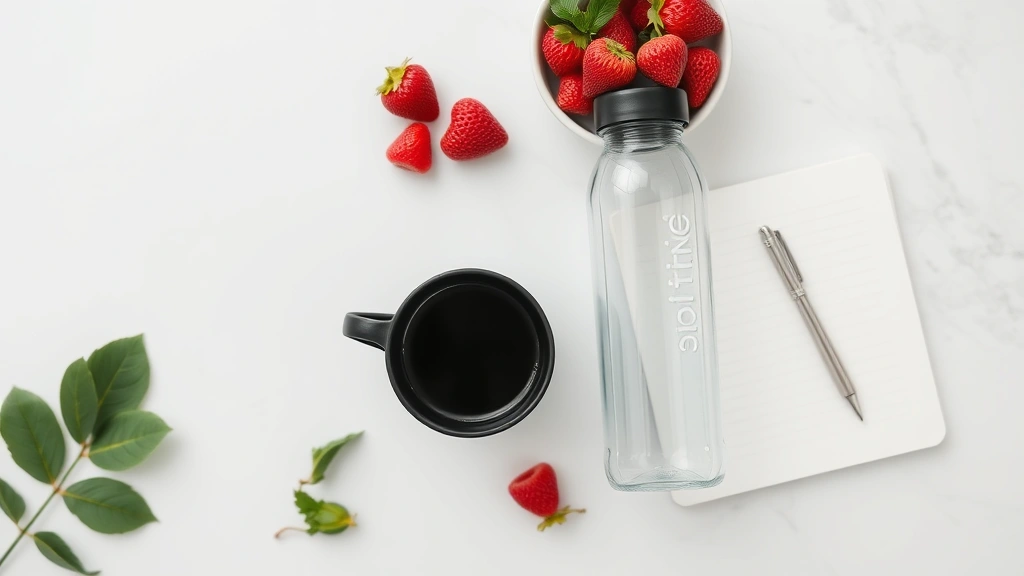 Overhead flat lay of a black coffee cup next to a water bottle, fresh berries, and a notebook with a pen, on a clean marble surface, minimalist health-focused composition, natural soft lighting, wellness theme