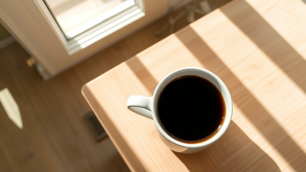 Overhead shot of a steaming black coffee in a white ceramic mug on a light wooden table, morning sunlight streaming through a window, minimalist wellness aesthetic, photorealistic